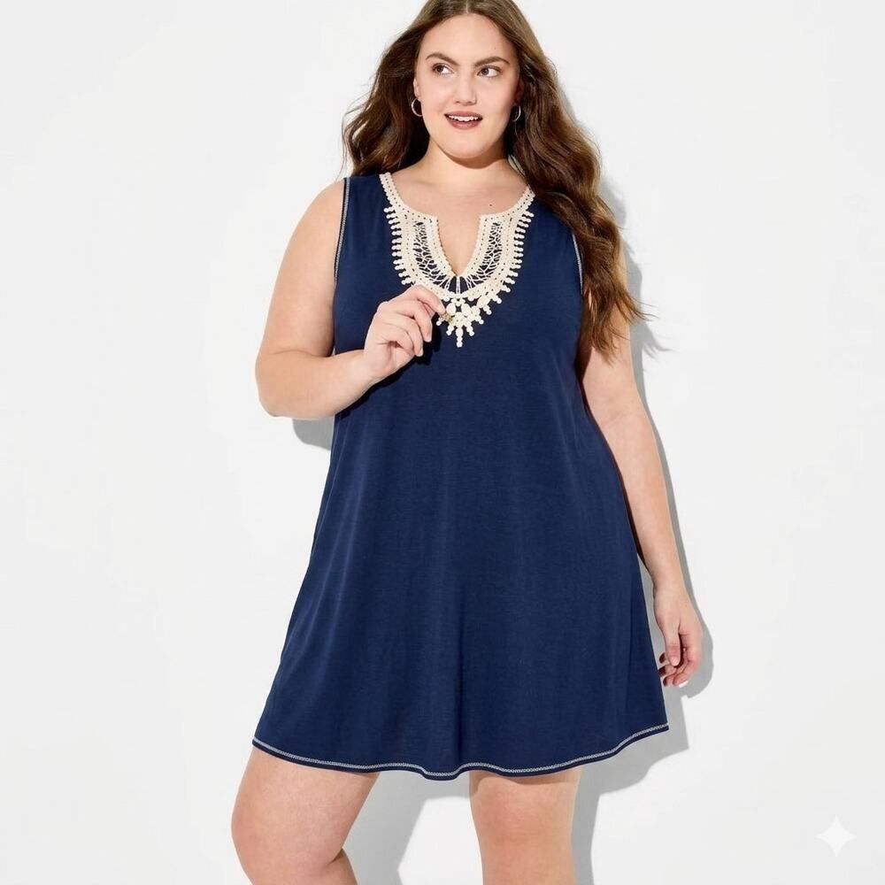Max Studio 2X Navy Crochet Trim Swing Dress Sleeveless Plus Size Resort Wear